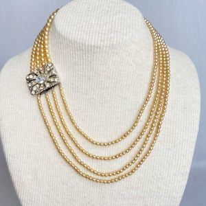 Layered Graduated Necklace Pearlesque Beads With Clear Rhinestones Clasp